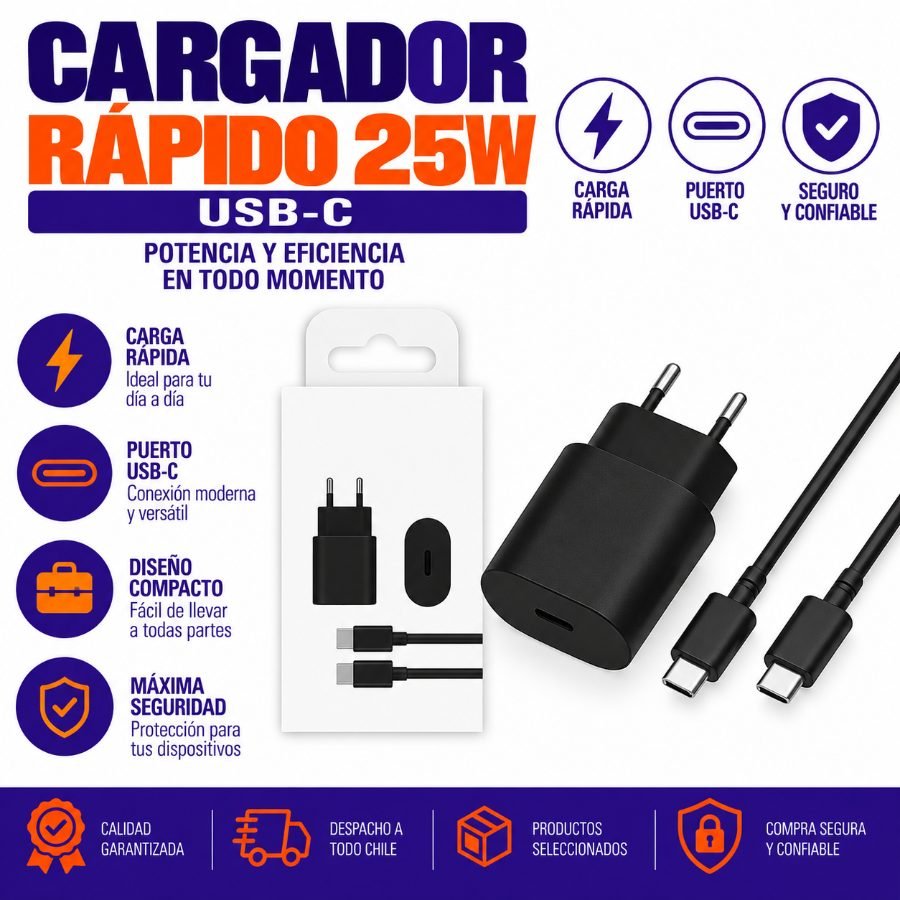 Cargador Rápido 25W USB-C USB-C · 25W · 1 Pza por mayor en Chile