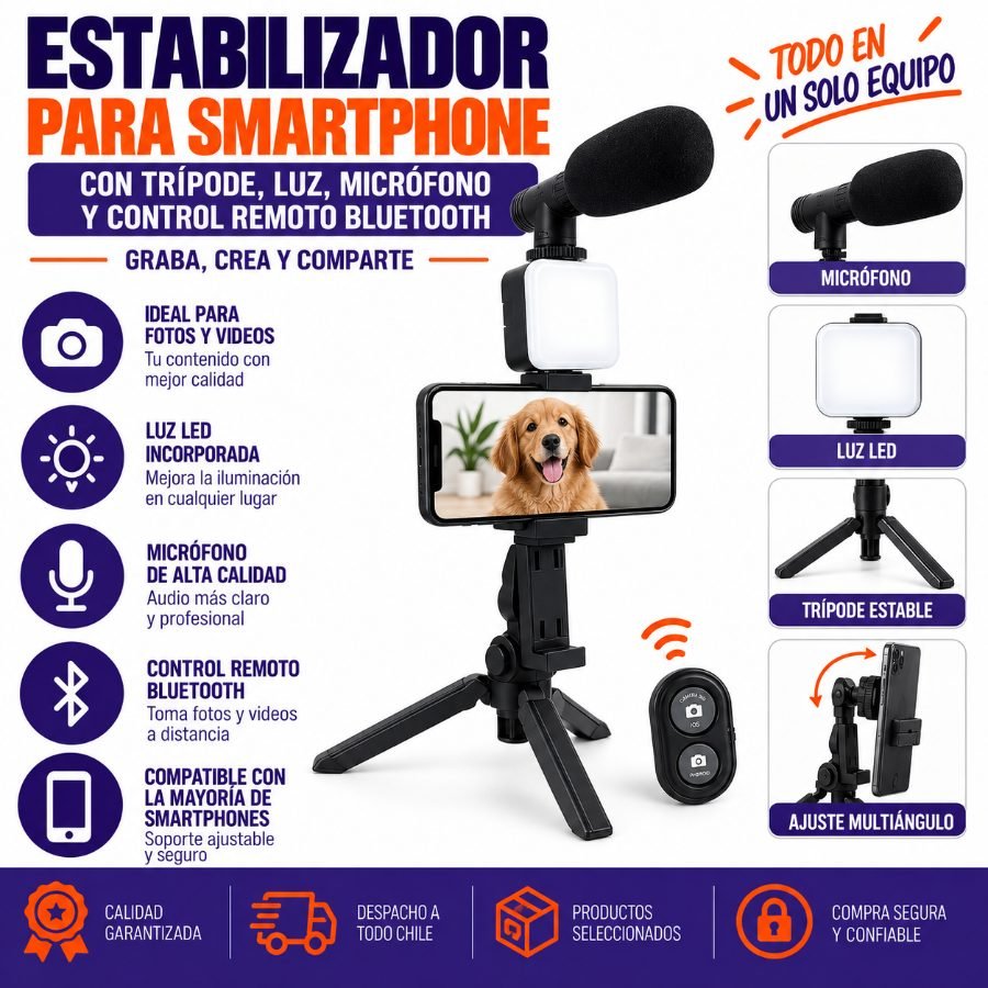 Estabilizador para smartphone con tripode, luz, microfono y control remoto bluetooth mayorista — imagen 12
