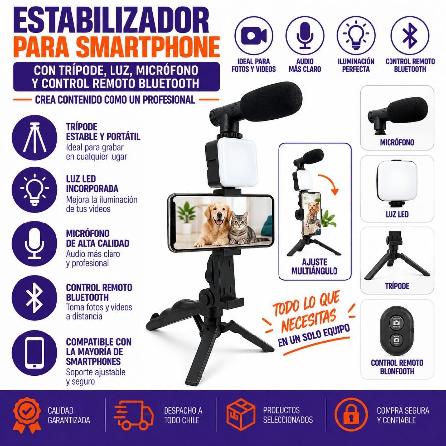 Estabilizador Para Smartphone Con Tripode, Luz, Microfono Y Control Remoto Bluetooth 78 cm x 66.5 cm x 30.5 cm por mayor en Chile