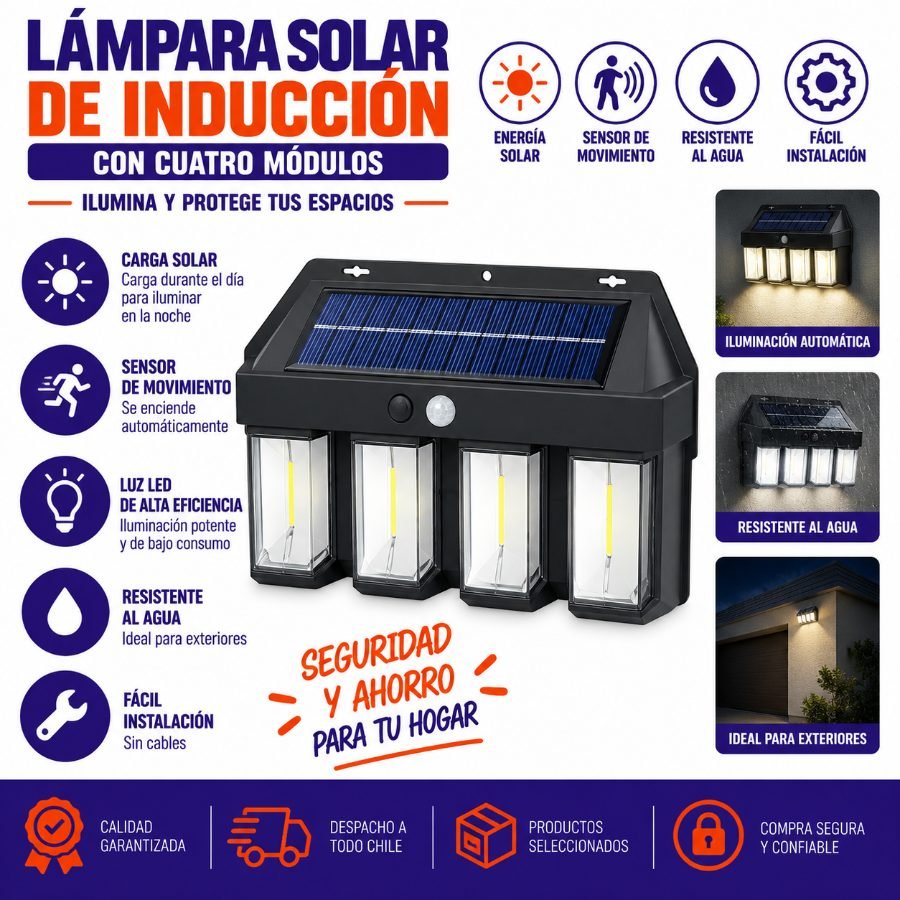Lámpara Solar de Inducción con Cuatro Módulos y Sensor de Movimiento (618-4W) 23.5cm x 15cm por mayor en Chile