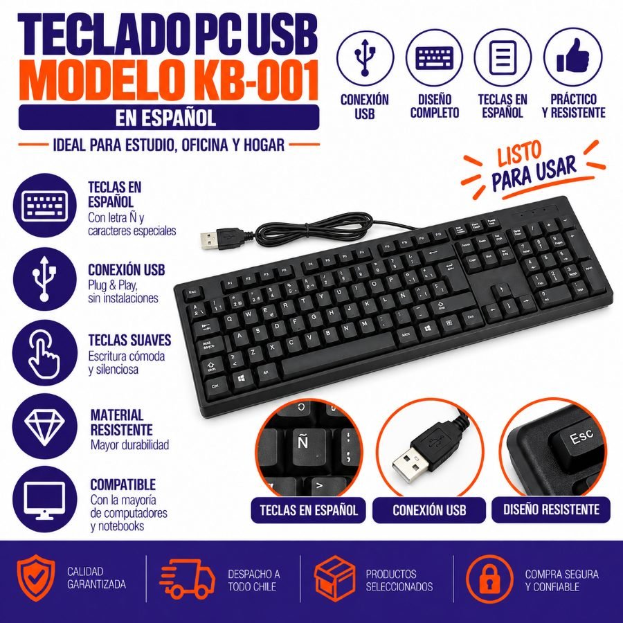 Teclado PC, USB, Modelo KB-001, En Español. Alta Calidad, En Caja. 44cm x 12,8cm x 2cm por mayor en Chile