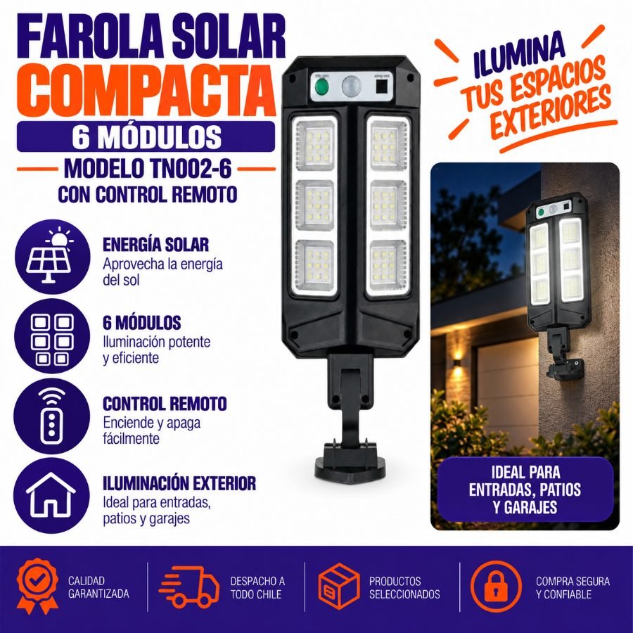Farola Solar Compacta de 6 Módulos con Control Remoto (Modelo TN002-6) 1PZA por mayor en Chile