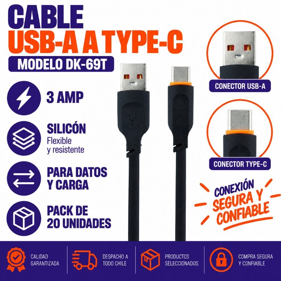 Cable usc a type-c modelo dk-69t de 3 amp en silicon para datos y carga - pack de 20 unidades mayorista — imagen 9
