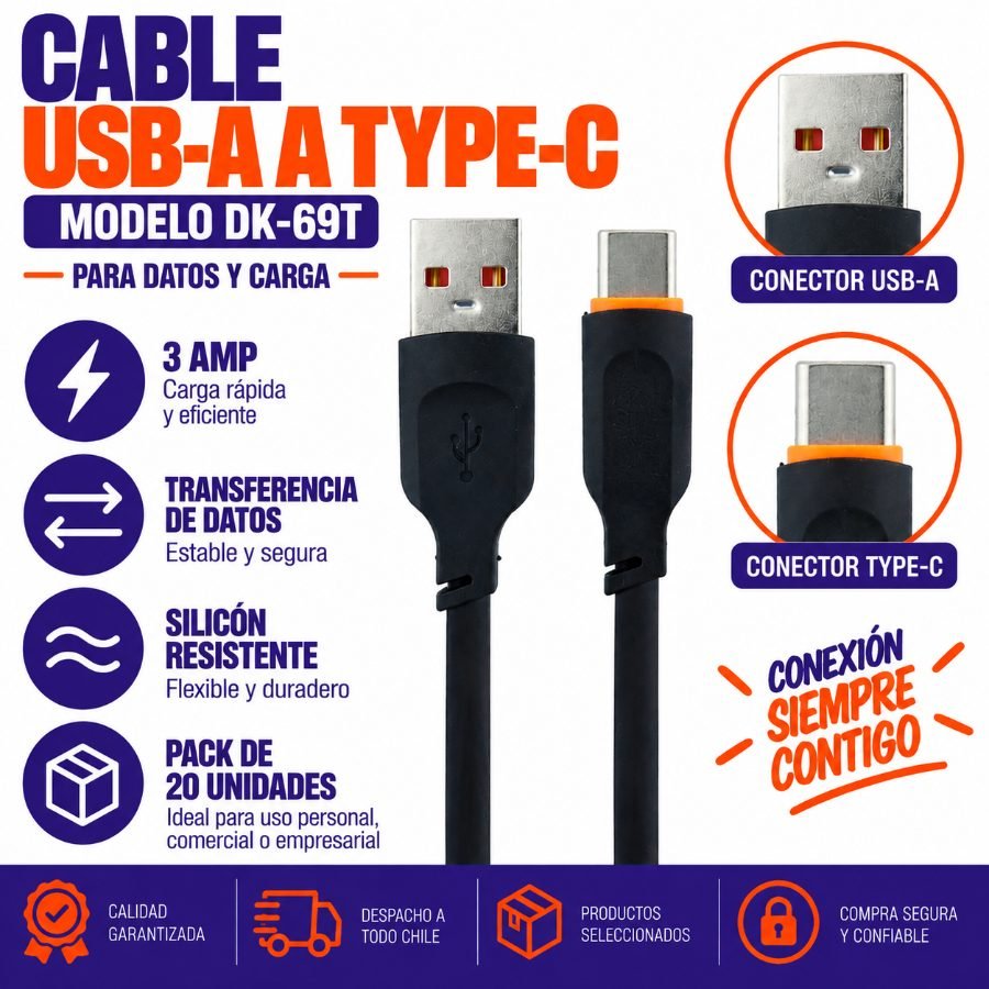 Cable USC A Type-C Modelo DK-69T De 3 Amp En Silicon Para Datos Y Carga - Pack de 20 unidades por mayor en Chile