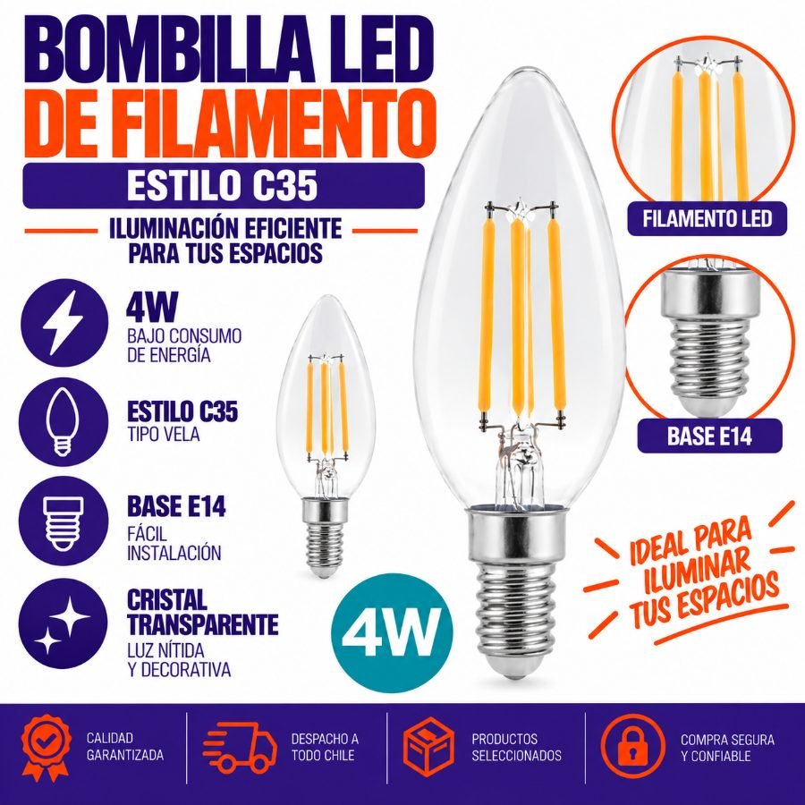 Bombilla LED de filamento estilo C35 1PZA por mayor en Chile