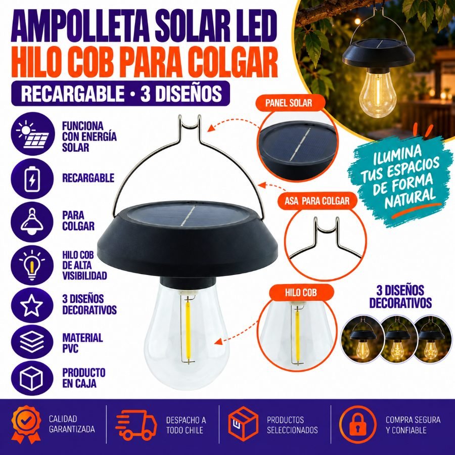 Ampolleta Solar LED Hilo COB Para Colgar En 3 Diseños Recargable 10.3 cm x 8.8 cm por mayor en Chile