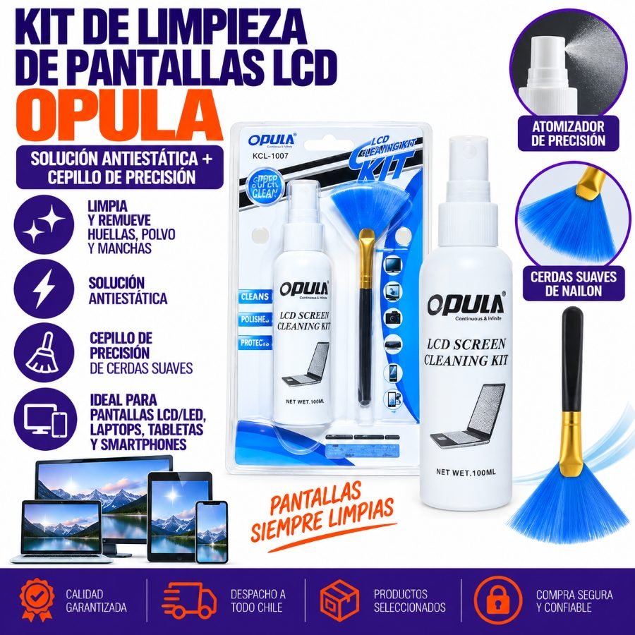 Kit de Limpieza de Pantallas LCD Opula - Solución Antiestática con Cepillo de Precisión 15.5cm x 3.5cm por mayor en Chile