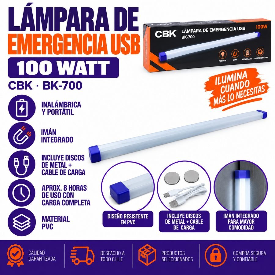Lampara De Emergencia USB, 100 Watt, Marca CBK, Modelo BK-700. 72 cm x 4 cm x 2.3 cm por mayor en Chile