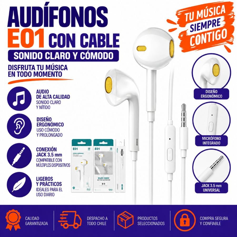 Audífonos E01 con Cable 1 Pza por mayor en Chile