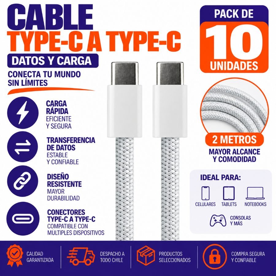Cable macho doble type-c de 2 mts datos y carga. - pack de 10 unidades mayorista — imagen 9