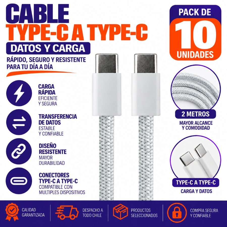 Cable Macho Doble Type-C De 2 Mts Datos Y Carga. - Pack de 10 unidades 2 Mts por mayor en Chile
