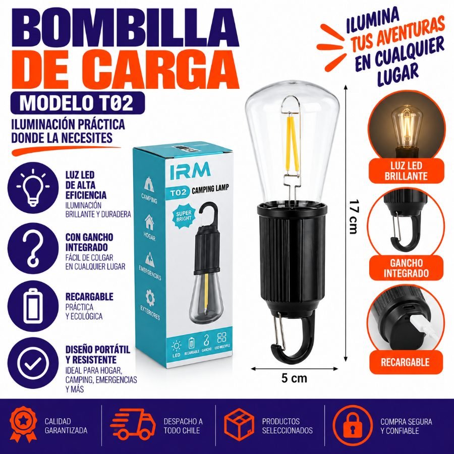 Bombilla de carga modelo T02 con filamento LED 17cm x 5cm  por mayor en Chile