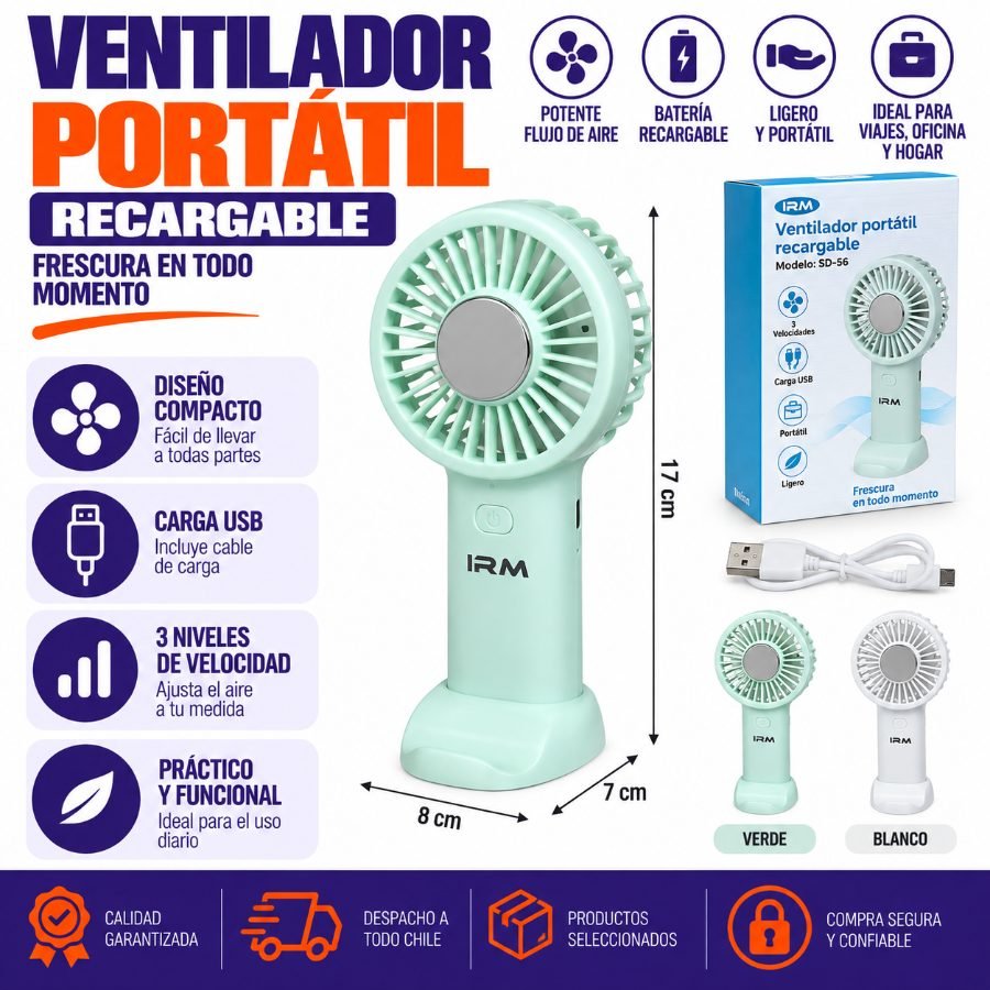 Ventilador portátil recargable modelo IRM SD-56 17cm x 7cm x 8cm por mayor en Chile
