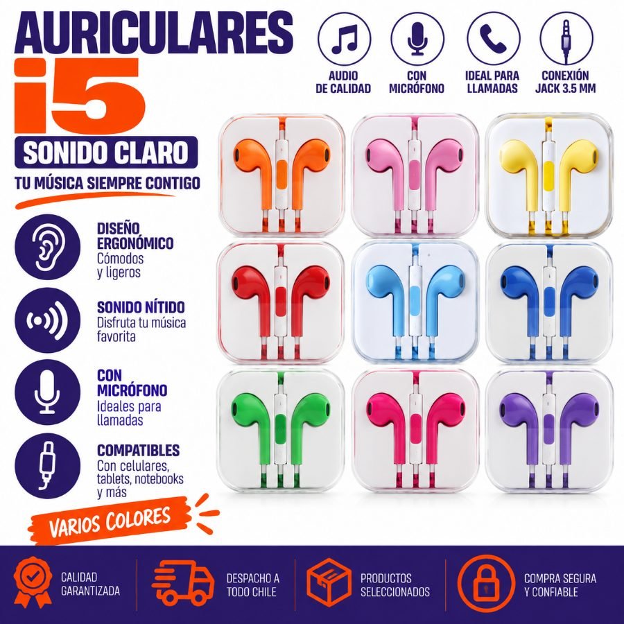 AURICULARES I5 10 PZA -  1 SOLO COLOR por mayor en Chile