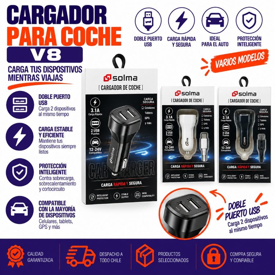 CARGADOR PARA COCHE V8 12 W por mayor en Chile