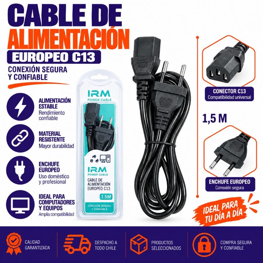 Cable de alimentación Europeo C13 1.5M por mayor en Chile
