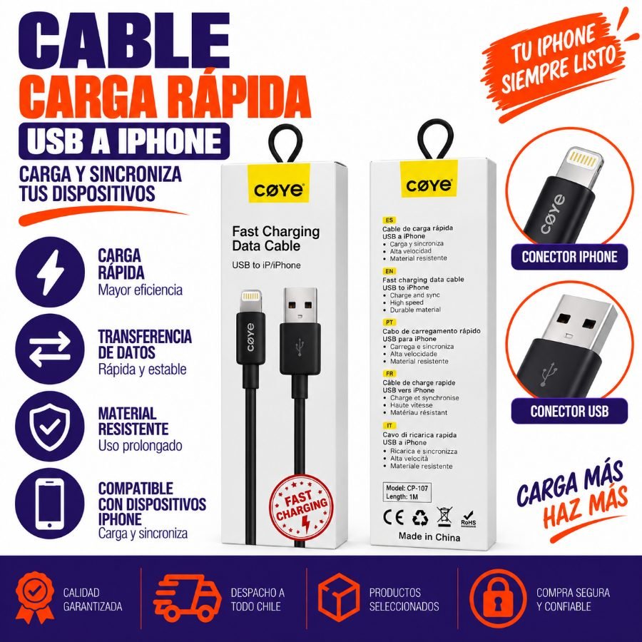 CABLE  CARGA RAPIDA USB-IP 1 PZA por mayor en Chile