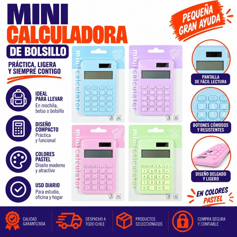 Mini Calculadora de Bolsillo 2269 en Colores Pastel con Empaque Blíster 1PZA por mayor en Chile