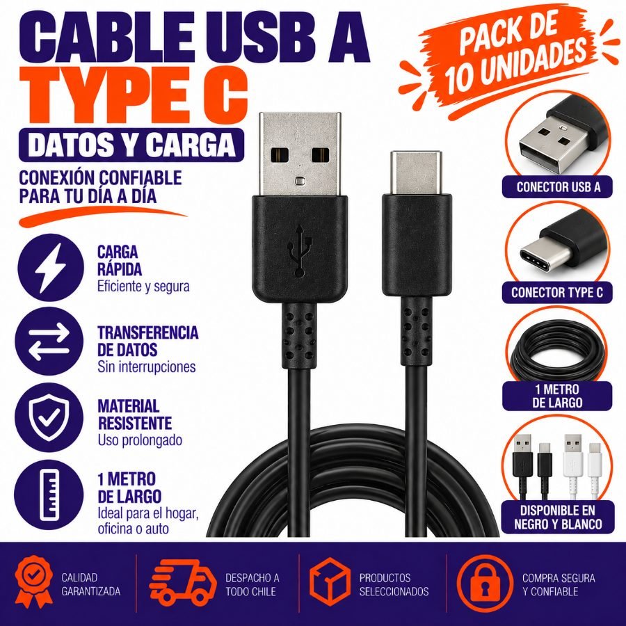 Cable usb a type-c datos y carga, 1 metro, disponible blanco, negro. - pack de 10 unidades mayorista — imagen 9