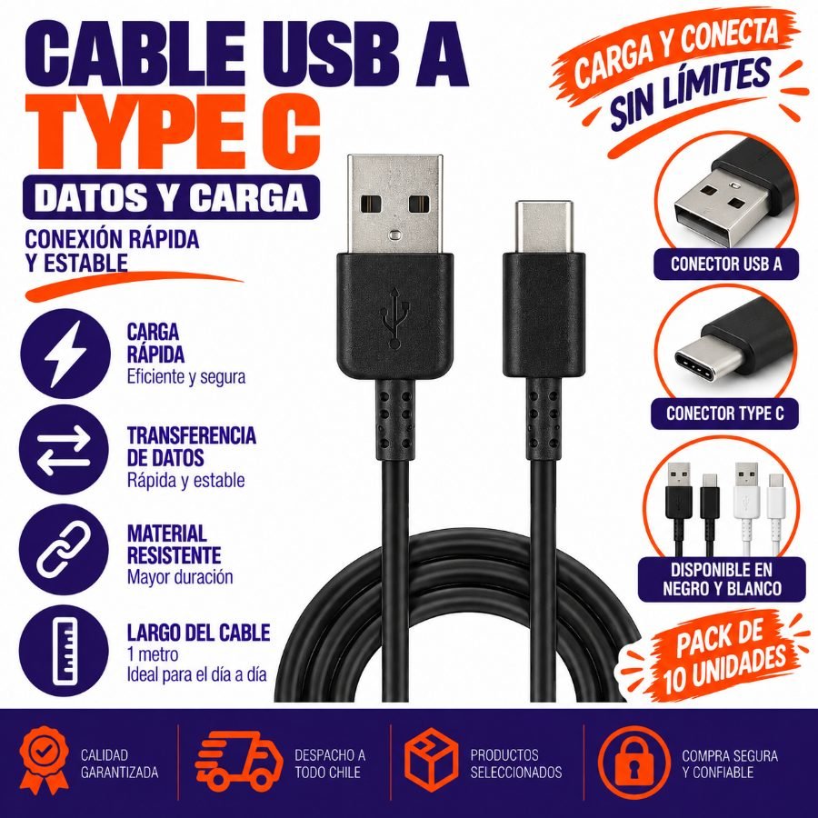 Cable USB A TYPE-C Datos Y Carga, 1 Metro, Disponible Blanco, Negro. - Pack de 10 unidades 1 METRO por mayor en Chile
