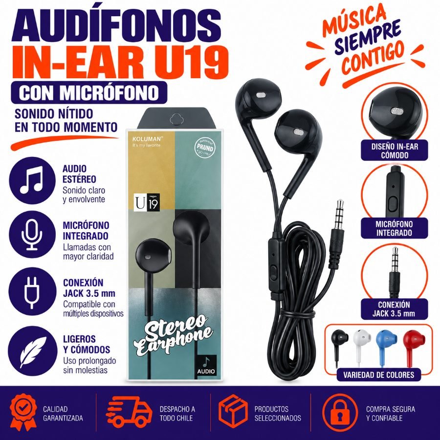 Audifono In Ear Con Microfono Modelo U19 Variedad De Colores 5 PZA por mayor en Chile