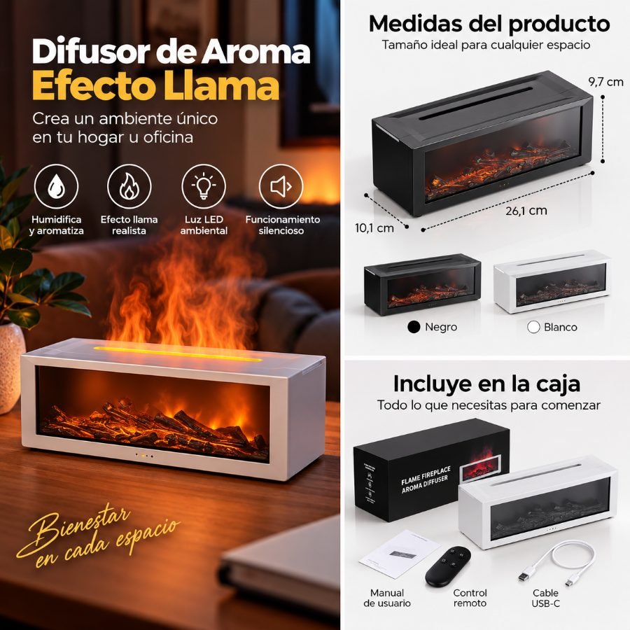 Humidificador difusor de aroma con efecto llama tipo chimenea 150 ml y control remoto mayorista — imagen 2