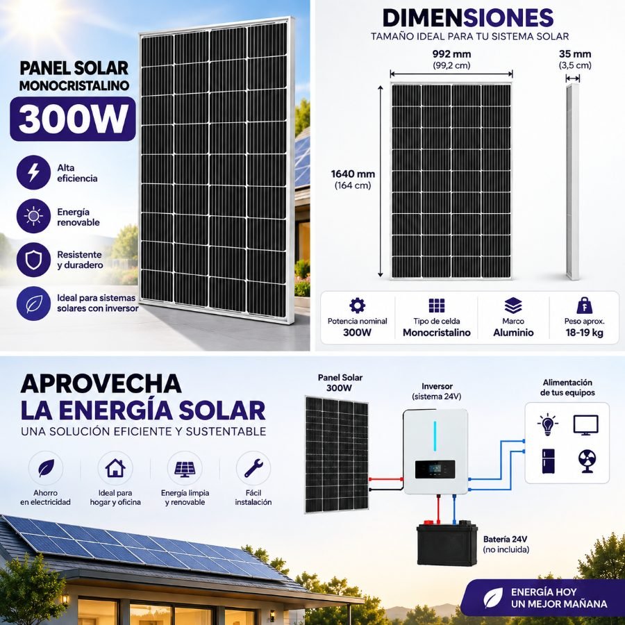 Panel Solar Monocristalino 300W de 164 x 99,2 cm para Inversor 300W · 1640×992×35mm por mayor en Chile