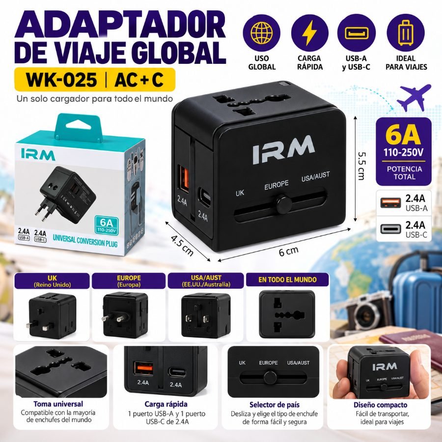 Adaptador de Viaje Global Premium WK-025 - Cargador de Paso AC+C con Carga Rápida 6cm x 5.5cm x 4.5cm por mayor en Chile