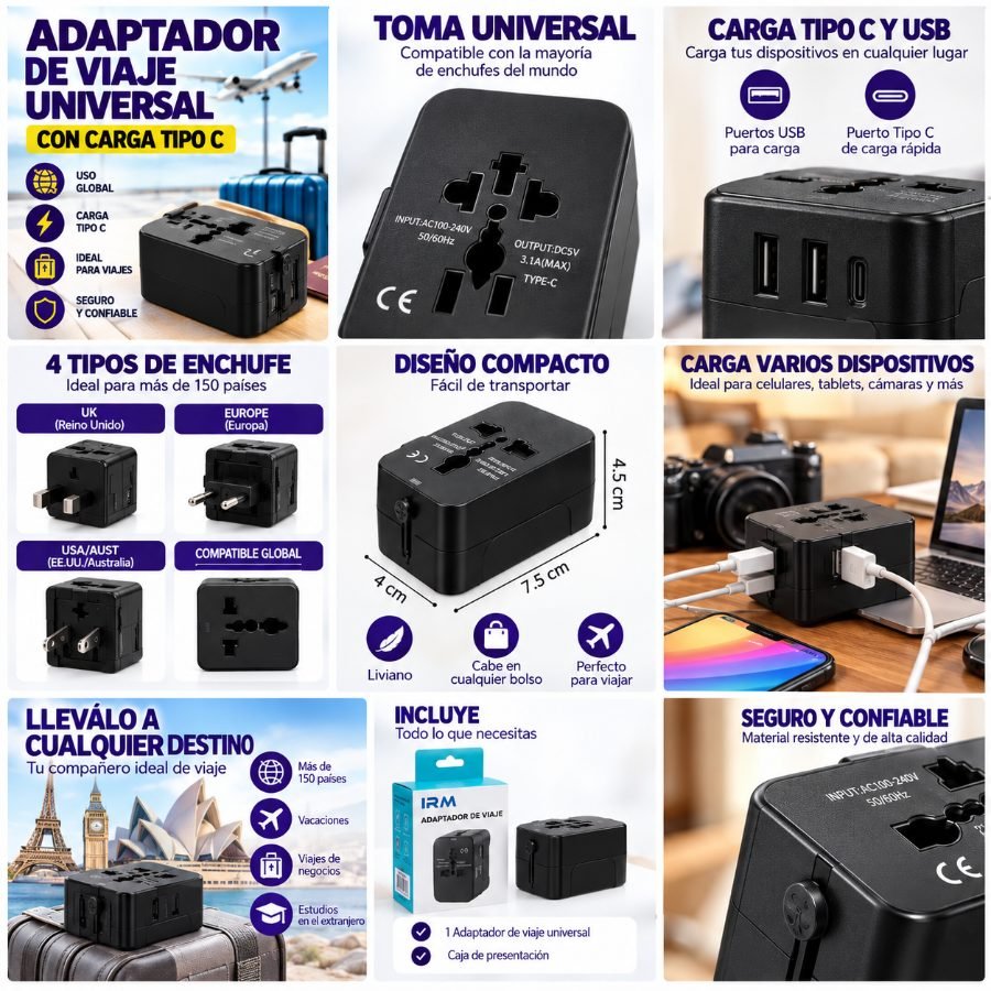 Adaptador de viaje universal premium - enchufe convertidor con carga tipo-c irm-12667 mayorista — imagen 2
