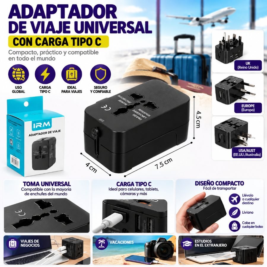 Adaptador de Viaje Universal Premium - Enchufe Convertidor con Carga Tipo-C IRM-12667 7.5cm x 4.5cm x 4cm por mayor en Chile