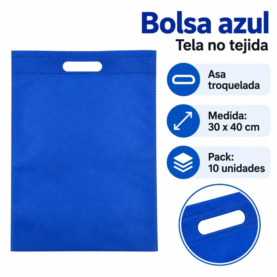 Bolsa azul de tela no tejida con asa troquelada 30 x 40 cm - paquete de 10 unidades mayorista — imagen 2