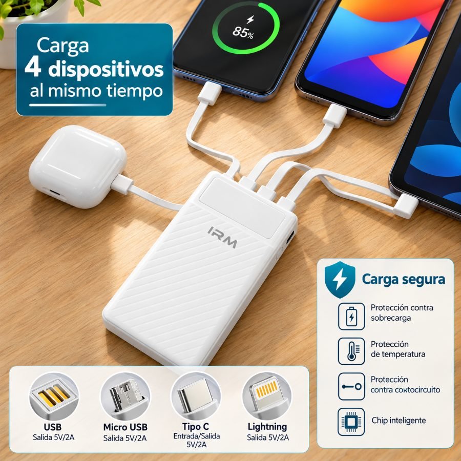 Banco de energía irm ir58 10.000 mah con 4 cables integrados mayorista — imagen 2