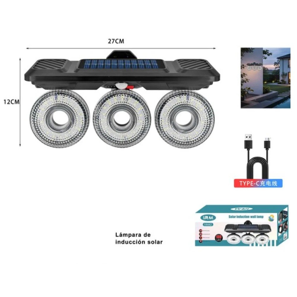 LAMPARA TRIPLE DE INDUCCION SOLAR 12 X 27 CM por mayor en Chile
