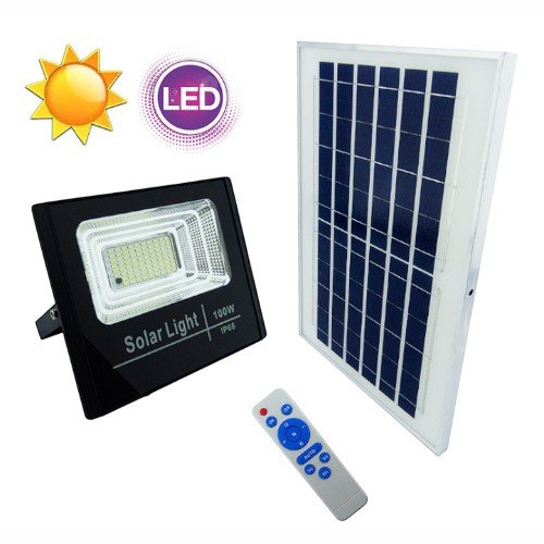 Proyector solar led de 100 watt, 78 led, panel solar modelo 5370 de metal con control remoto. - 23.5 cm x 34.5 cm x2 cm - Compras Aqui