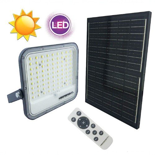 Proyector Solar LED De 100 Watt Marca MEGABRIGTH Con Panel De 81 LED Y Control Remoto De Luz Fria A 6000K por mayor Electrónica por mayor