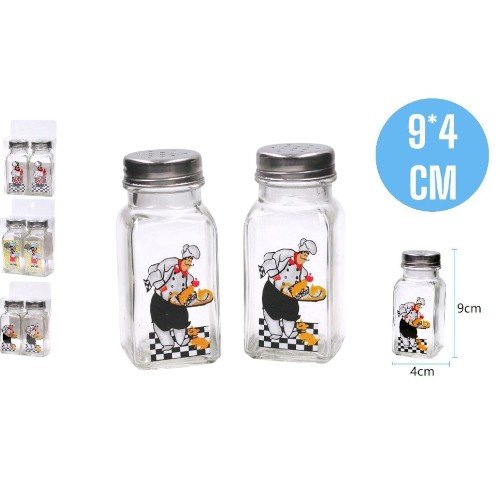 Saleros de Vidrio con Diseño de Chef y Tapa Metálica - 4x9cm por mayor Hogar por mayor