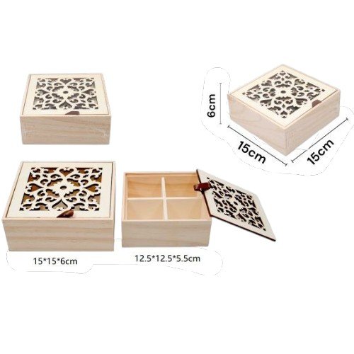 Set de 2 Cajas Cuadradas de Madera con Tapa Calada y 4 Divisiones por mayor Hogar por mayor