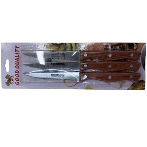 Set de 3 Cuchillos para Carne de 4.5 Pulgadas con Hoja Dentada y Mango Estilo Madera por mayor - Hogar por mayor