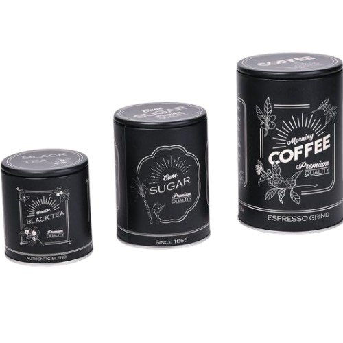 Set de 3 Latas Cilíndricas Negras para Café, Azúcar y Té por mayor Hogar por mayor