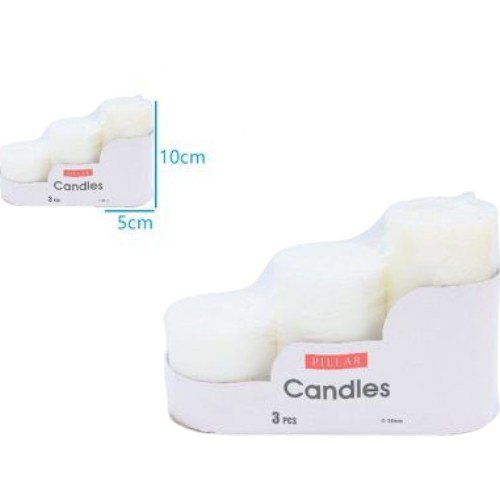 Set de 3 velas blancas tipo pilar de 5x10 cm para decoración y eventos - insumo de alta rotación 5 x 10cm por mayor en Chile