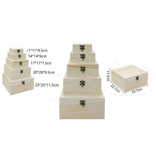 Set de 5 Cajas Cuadradas de Madera Natural de Pino por mayor Hogar por mayor