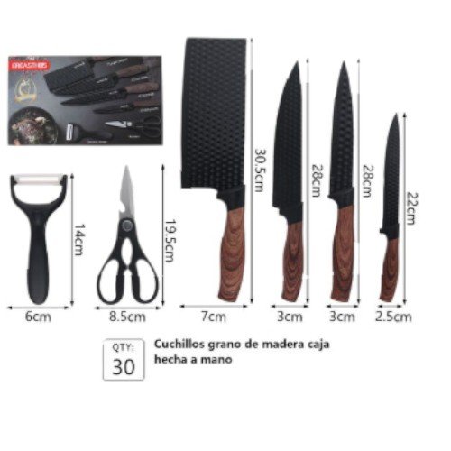 Set de Cuchillos de Cocina Profesionales de 6 Piezas con Mango Efecto Madera y Hojas Negras por mayor - Hogar por mayor