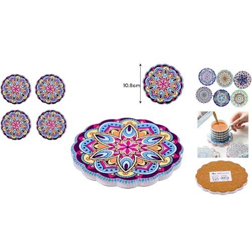 Set de Posavasos Circulares con Borde Ondulado de Cerámica y Mandala 10.8cm por mayor - Hogar por mayor