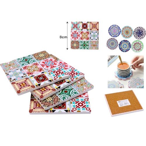 Set de Posa Vasos Cuadrados de Cerámica con Diseños de Mosaico Geométrico 10.8cm  por mayor - Hogar por mayor