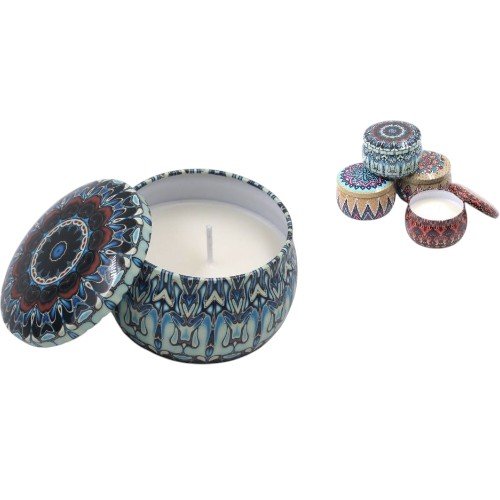 Set de Velas Aromáticas en Recipientes Metálicos Decorativos con Patrones Mandálicos y Tapa de Seguridad 1PZA por mayor en Chile