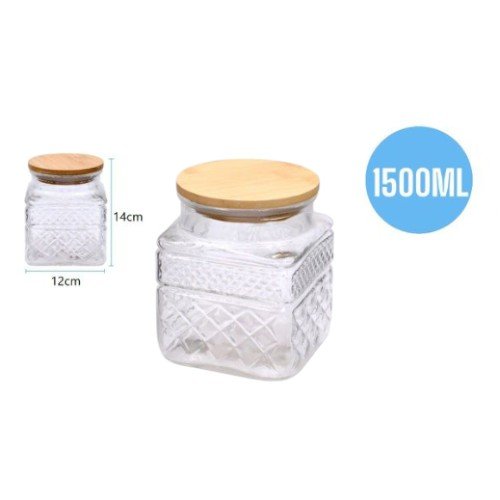Tarro de Vidrio Cuadrado con Relieve de Diamante y Tapa de Madera - 1500ml por mayor - Hogar por mayor