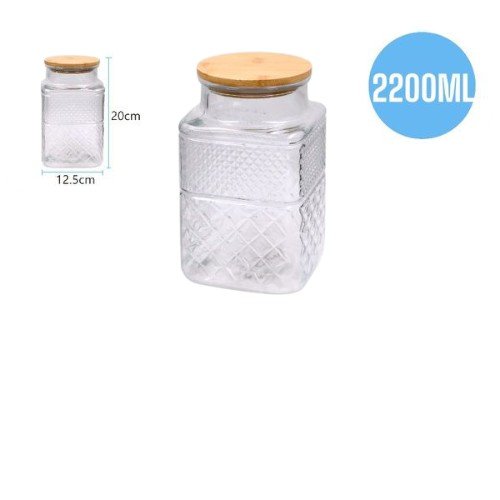 Tarro de Vidrio Cuadrado con Relieve Diamante y Tapa de Madera - 2200ml por mayor - Hogar por mayor