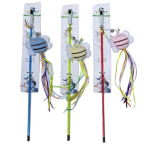 Varilla Interactiva para Gatos con Figura de Abeja en Relieve, Cintas de Colores y Cascabel Sonoro por mayor - Mascotas por mayor