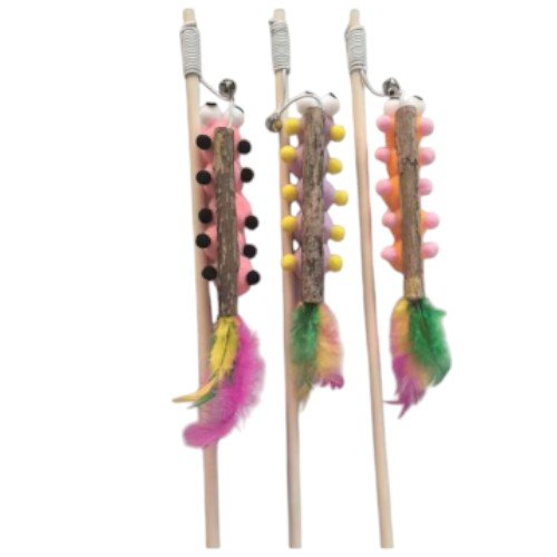Varilla Interactiva para Gatos con Figura de Oruga en Pompones, Pieza de Madera Natural, Cascabel y Plumas por mayor - Mascotas por mayor