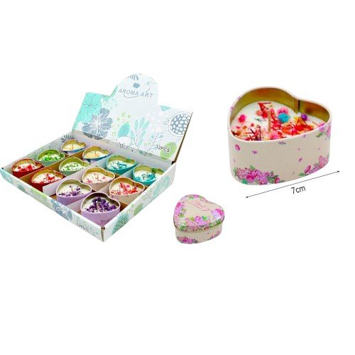 Vela Aromática Decorativa en Lata con Forma de Corazón y Mix de Flores Secas - Presentación en Estuche de Regalo 7cm por mayor en Chile